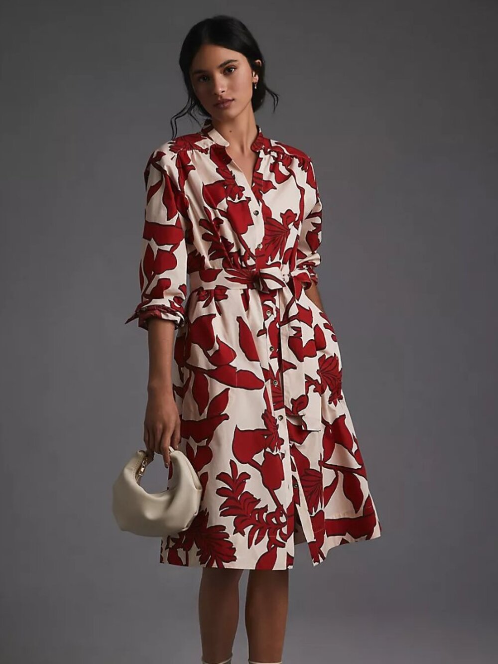 NWT Maeve Anthropologie Printed Shirt Dress Size L Red/Cream Tie Waist